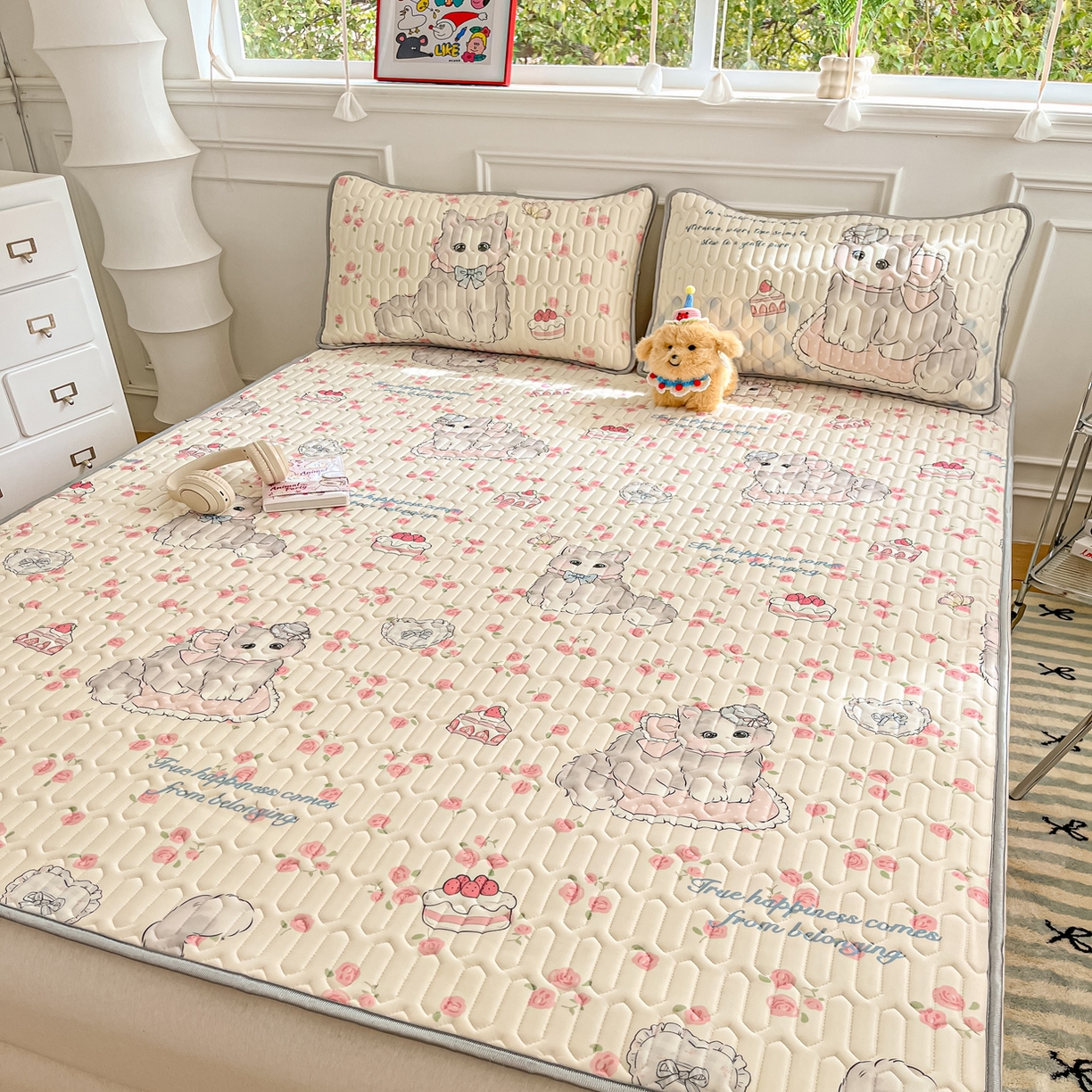 摩妮卡 2026新款数码大版小清新乳胶凉席床席款三件套-场景一 优雅甜心猫猫