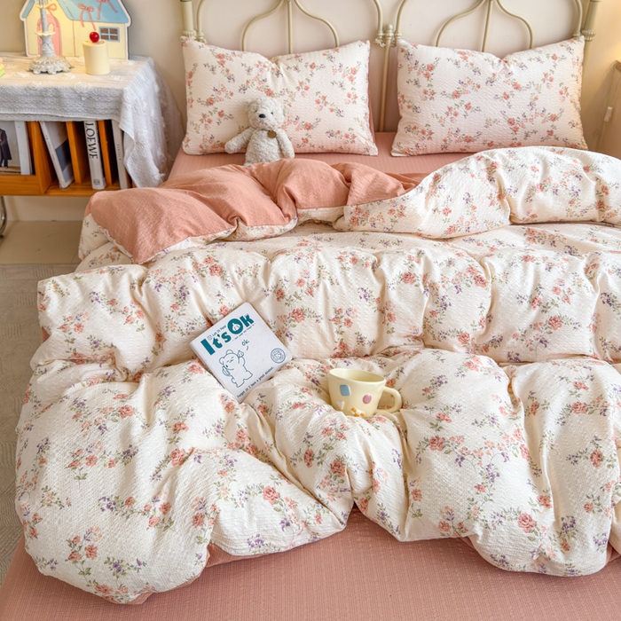 91家纺网 家纺一手货源 找家纺 梦舒阳家纺 新款泡芙棉双层纱四件套皱皱纱四季款泡芙纱四件套现货充足 春暖花开