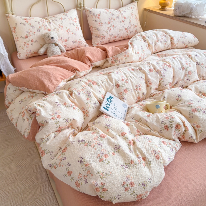 91家纺网 家纺一手货源 找家纺 梦舒阳家纺 新款泡芙棉双层纱四件套皱皱纱四季款泡芙纱四件套现货充足 春暖花开