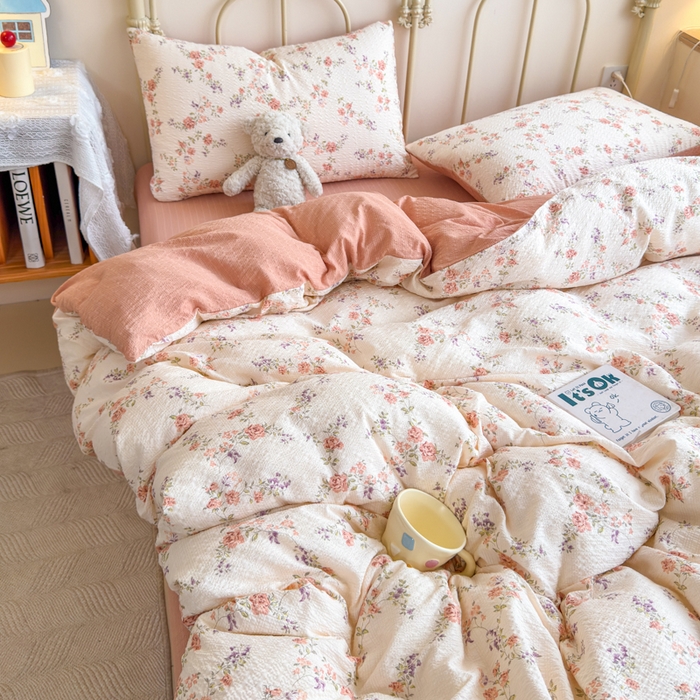 91家纺网 家纺一手货源 找家纺 梦舒阳家纺 新款泡芙棉双层纱四件套皱皱纱四季款泡芙纱四件套现货充足 春暖花开