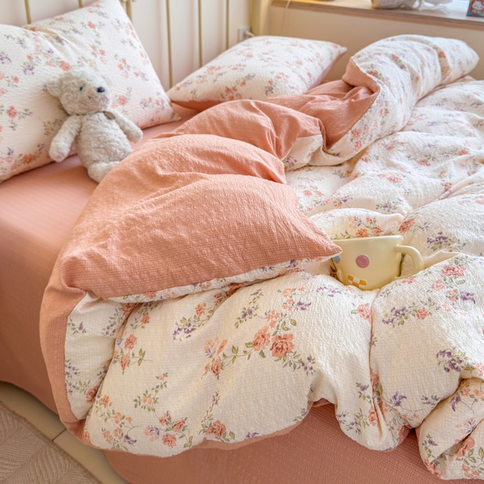 91家纺网 家纺一手货源 找家纺 梦舒阳家纺 新款泡芙棉双层纱四件套皱皱纱四季款泡芙纱四件套现货充足 春暖花开