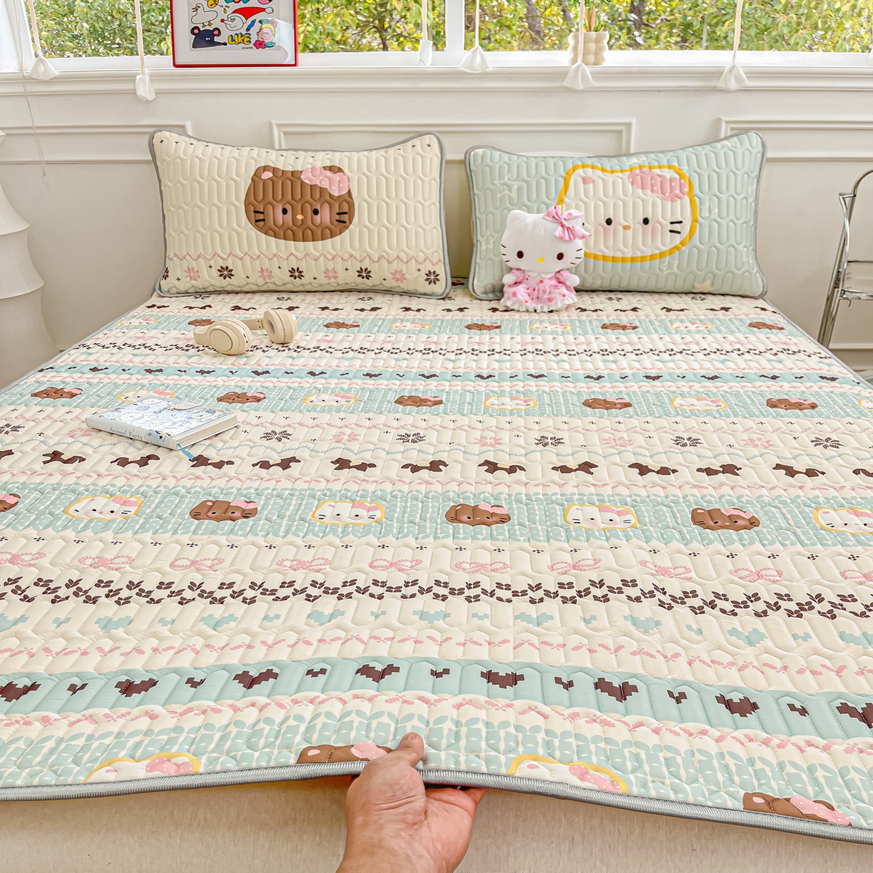 91家纺网 家纺一手货源 找家纺 摩妮卡 2026新款数码大版小清新乳胶凉席床席款三件套-场景一 友谊记忆片