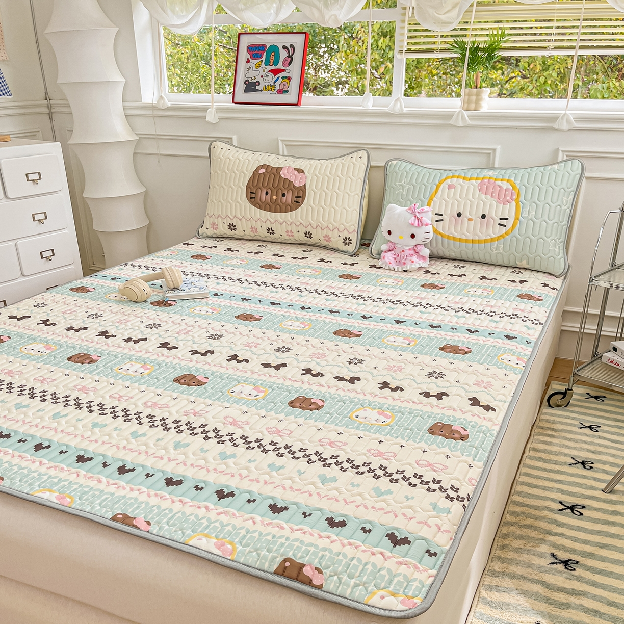 91家纺网 家纺一手货源 找家纺 摩妮卡 2026新款数码大版小清新乳胶凉席床席款三件套-场景一 友谊记忆片