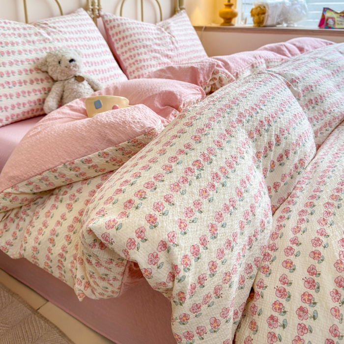 梦舒阳家纺 新款泡芙棉双层纱四件套皱皱纱四季款泡芙纱四件套现货充足 花海