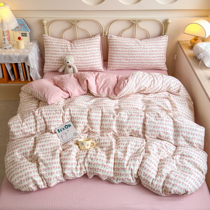 91家纺网 家纺一手货源 找家纺 梦舒阳家纺 新款泡芙棉双层纱四件套皱皱纱四季款泡芙纱四件套现货充足 花海