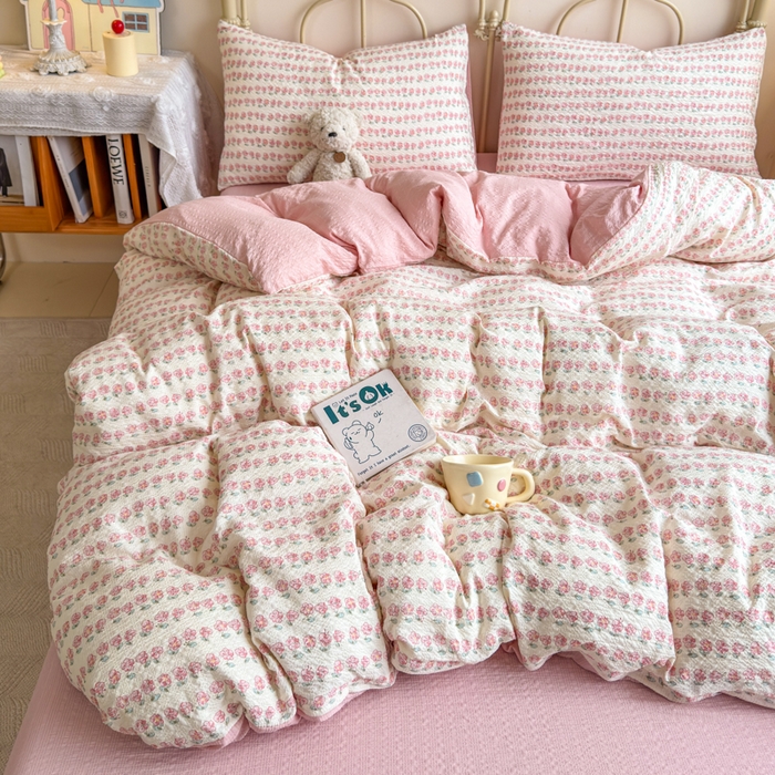 91家纺网 家纺一手货源 找家纺 梦舒阳家纺 新款泡芙棉双层纱四件套皱皱纱四季款泡芙纱四件套现货充足 花海