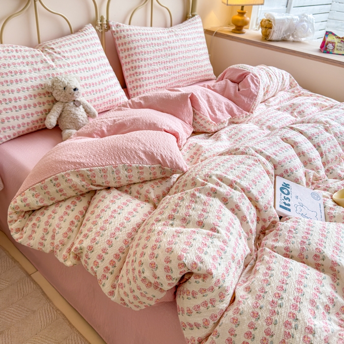 91家纺网 家纺一手货源 找家纺 梦舒阳家纺 新款泡芙棉双层纱四件套皱皱纱四季款泡芙纱四件套现货充足 花海