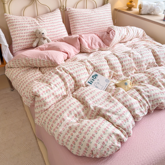 91家纺网 家纺一手货源 找家纺 梦舒阳家纺 新款泡芙棉双层纱四件套皱皱纱四季款泡芙纱四件套现货充足 花海