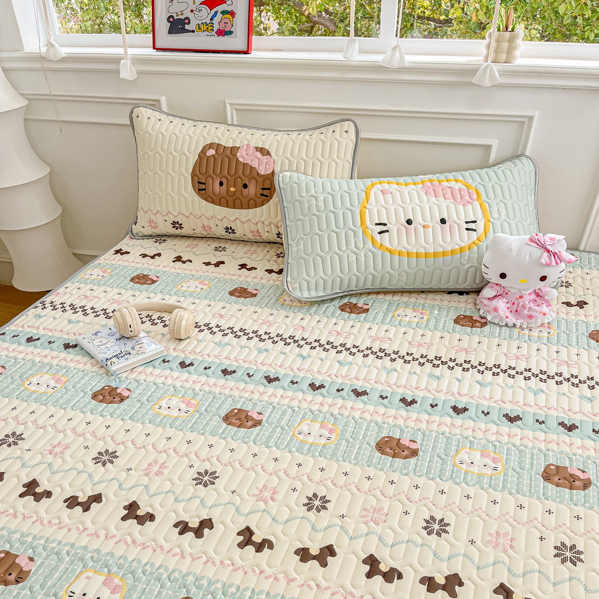 91家纺网 家纺一手货源 找家纺 摩妮卡 2026新款数码大版小清新乳胶凉席床席款三件套-场景一 友谊记忆片