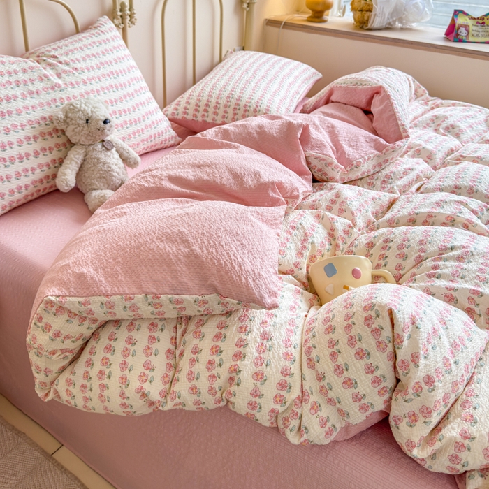 91家纺网 家纺一手货源 找家纺 梦舒阳家纺 新款泡芙棉双层纱四件套皱皱纱四季款泡芙纱四件套现货充足 花海