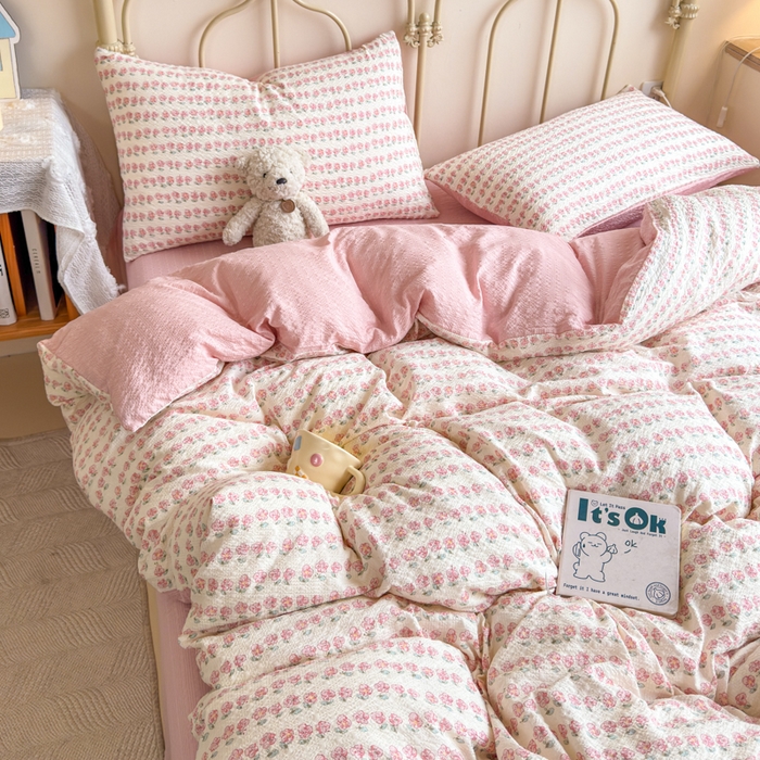 91家纺网 家纺一手货源 找家纺 梦舒阳家纺 新款泡芙棉双层纱四件套皱皱纱四季款泡芙纱四件套现货充足 花海