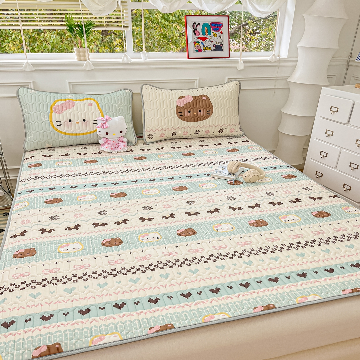 91家纺网 家纺一手货源 找家纺 摩妮卡 2026新款数码大版小清新乳胶凉席床席款三件套-场景一 友谊记忆片