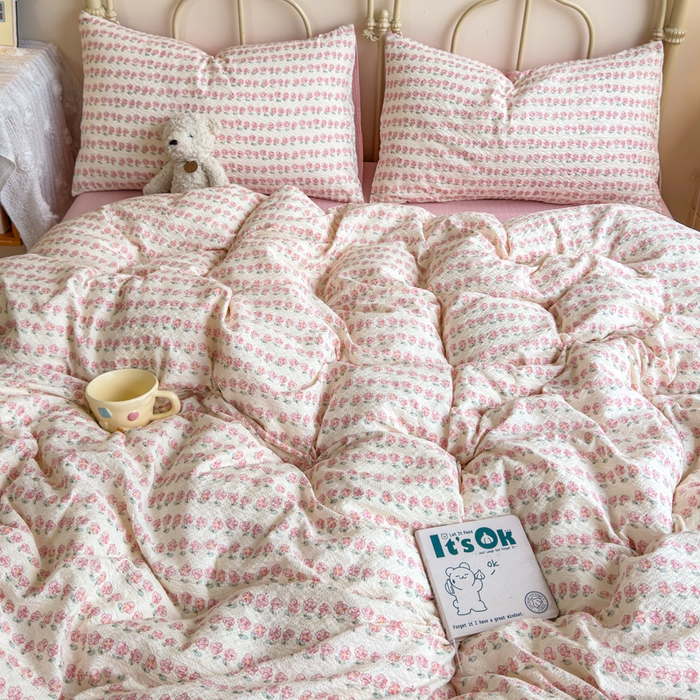 91家纺网 家纺一手货源 找家纺 梦舒阳家纺 新款泡芙棉双层纱四件套皱皱纱四季款泡芙纱四件套现货充足 花海