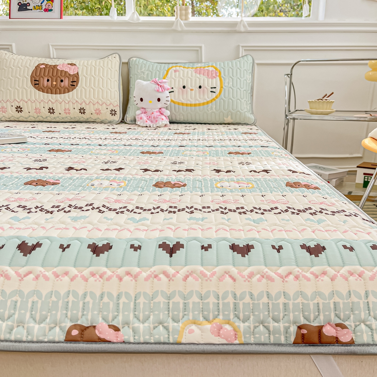 91家纺网 家纺一手货源 找家纺 摩妮卡 2026新款数码大版小清新乳胶凉席床席款三件套-场景一 友谊记忆片