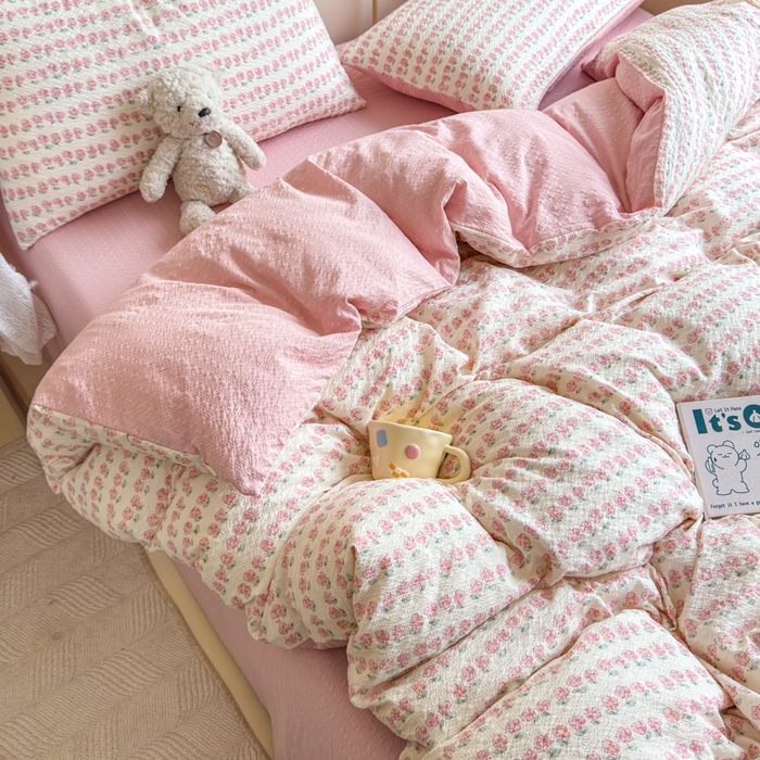 91家纺网 家纺一手货源 找家纺 梦舒阳家纺 新款泡芙棉双层纱四件套皱皱纱四季款泡芙纱四件套现货充足 花海