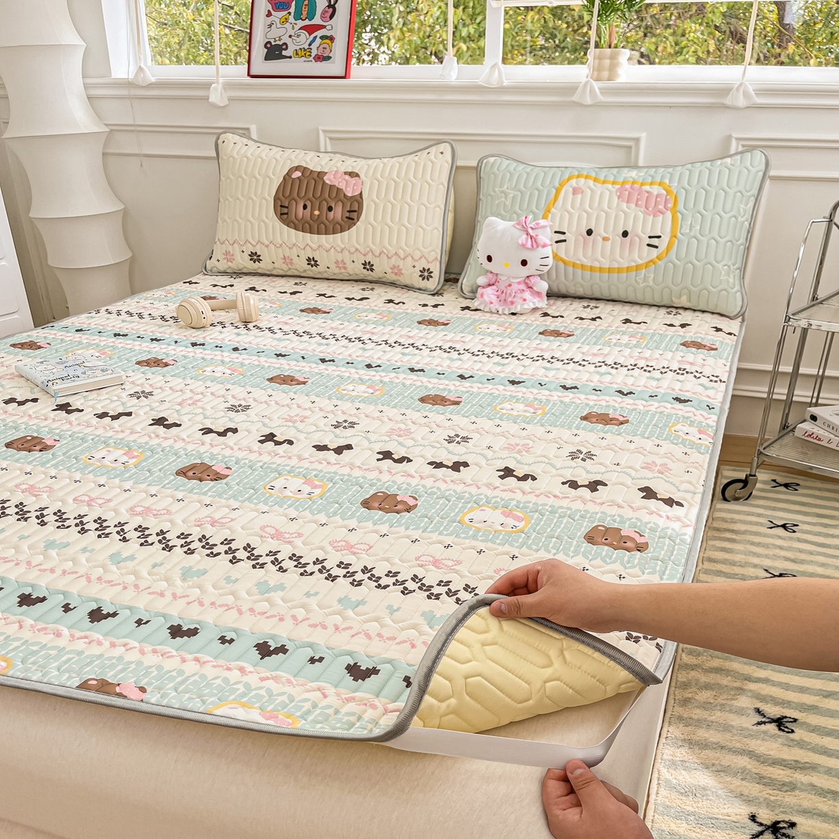 91家纺网 家纺一手货源 找家纺 摩妮卡 2026新款数码大版小清新乳胶凉席床席款三件套-场景一 友谊记忆片