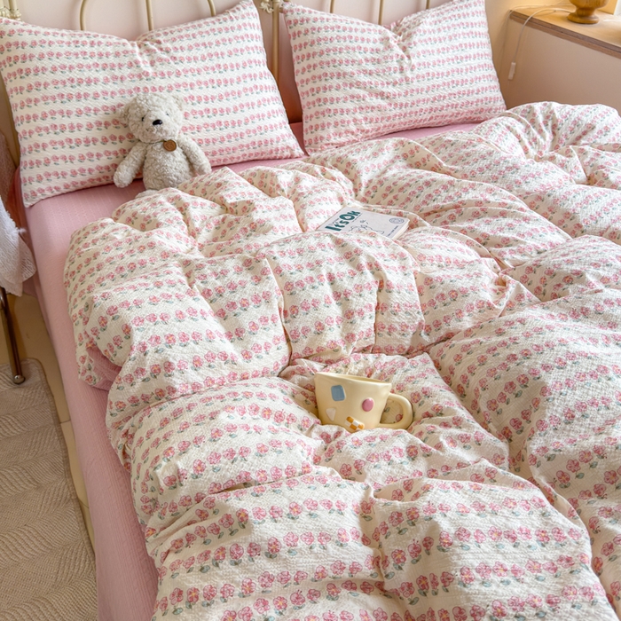 91家纺网 家纺一手货源 找家纺 梦舒阳家纺 新款泡芙棉双层纱四件套皱皱纱四季款泡芙纱四件套现货充足 花海