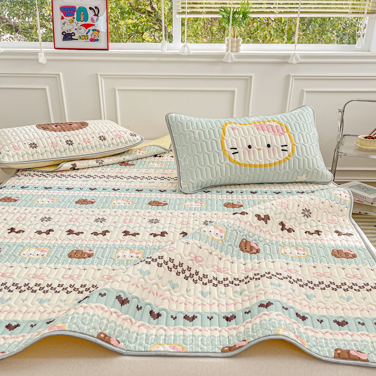 91家纺网 家纺一手货源 找家纺 摩妮卡 2026新款数码大版小清新乳胶凉席床席款三件套-场景一 友谊记忆片