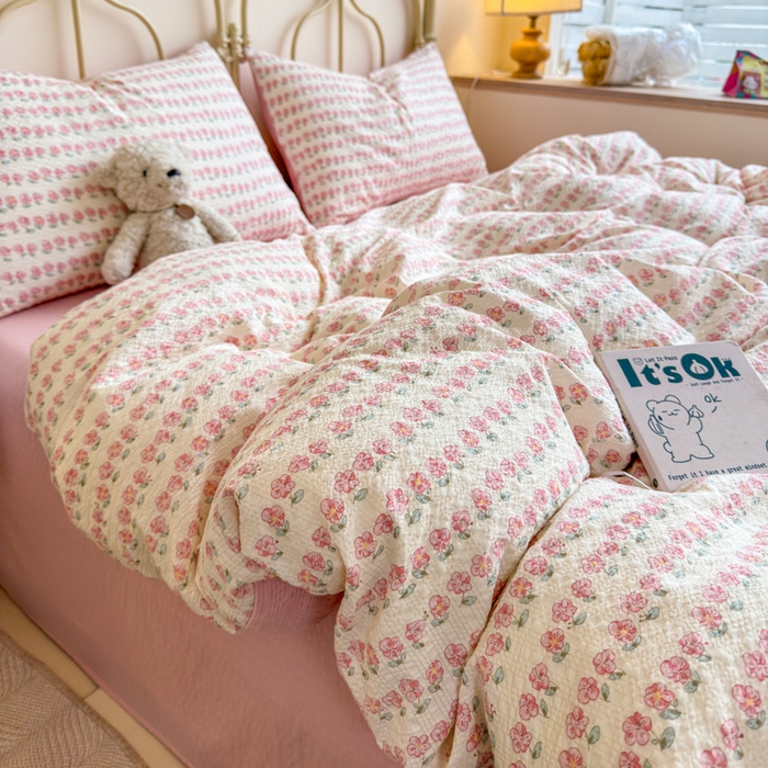 91家纺网 家纺一手货源 找家纺 梦舒阳家纺 新款泡芙棉双层纱四件套皱皱纱四季款泡芙纱四件套现货充足 花海