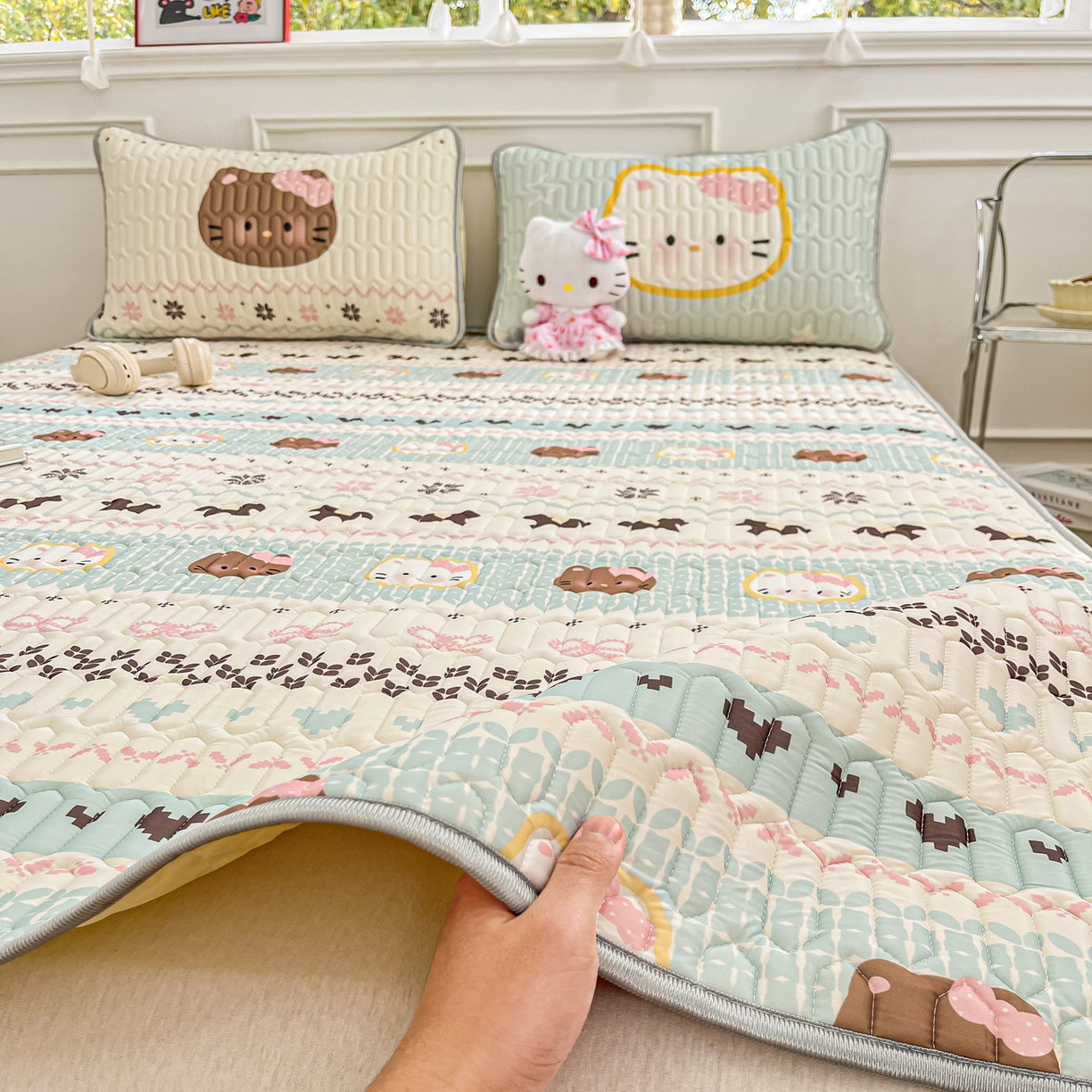 91家纺网 家纺一手货源 找家纺 摩妮卡 2026新款数码大版小清新乳胶凉席床席款三件套-场景一 友谊记忆片