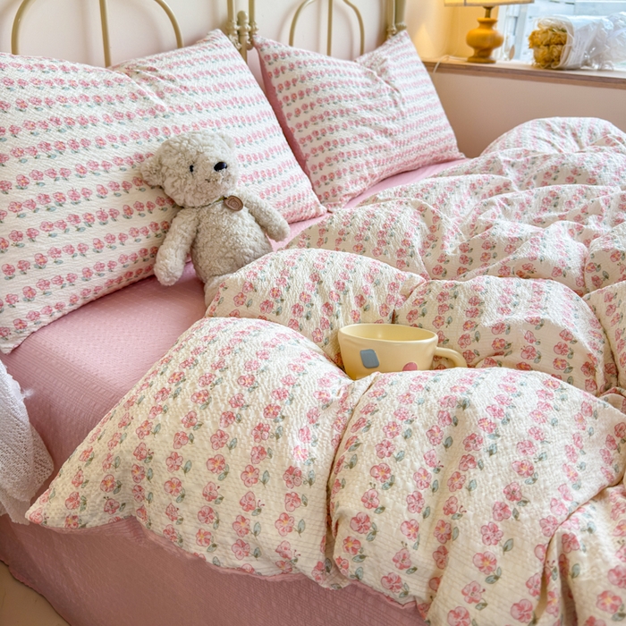 91家纺网 家纺一手货源 找家纺 梦舒阳家纺 新款泡芙棉双层纱四件套皱皱纱四季款泡芙纱四件套现货充足 花海