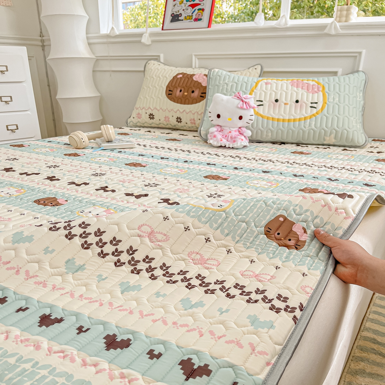 91家纺网 家纺一手货源 找家纺 摩妮卡 2026新款数码大版小清新乳胶凉席床席款三件套-场景一 友谊记忆片