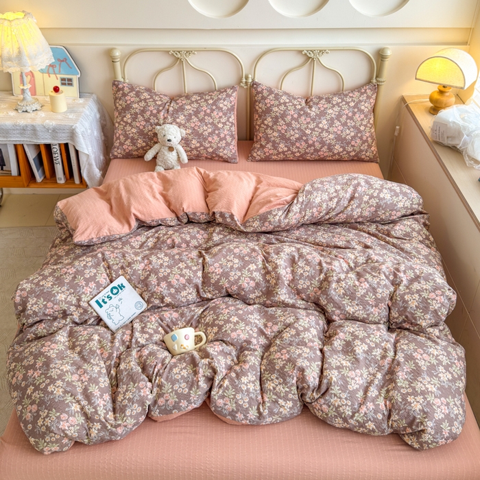 91家纺网 家纺一手货源 找家纺 梦舒阳家纺 新款泡芙棉双层纱四件套皱皱纱四季款泡芙纱四件套现货充足 桔园