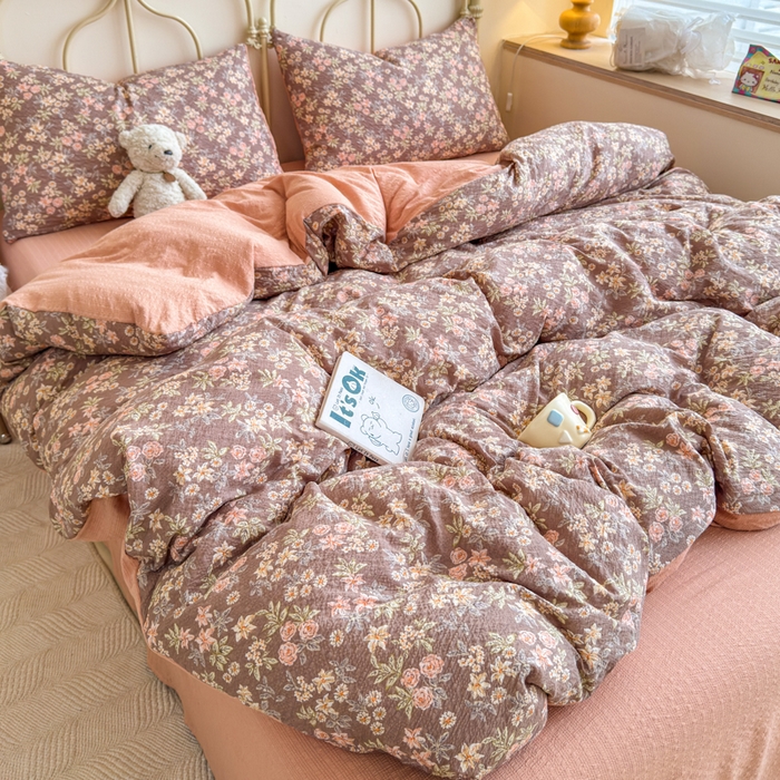 91家纺网 家纺一手货源 找家纺 梦舒阳家纺 新款泡芙棉双层纱四件套皱皱纱四季款泡芙纱四件套现货充足 桔园