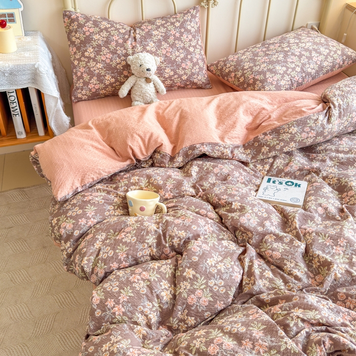 91家纺网 家纺一手货源 找家纺 梦舒阳家纺 新款泡芙棉双层纱四件套皱皱纱四季款泡芙纱四件套现货充足 桔园