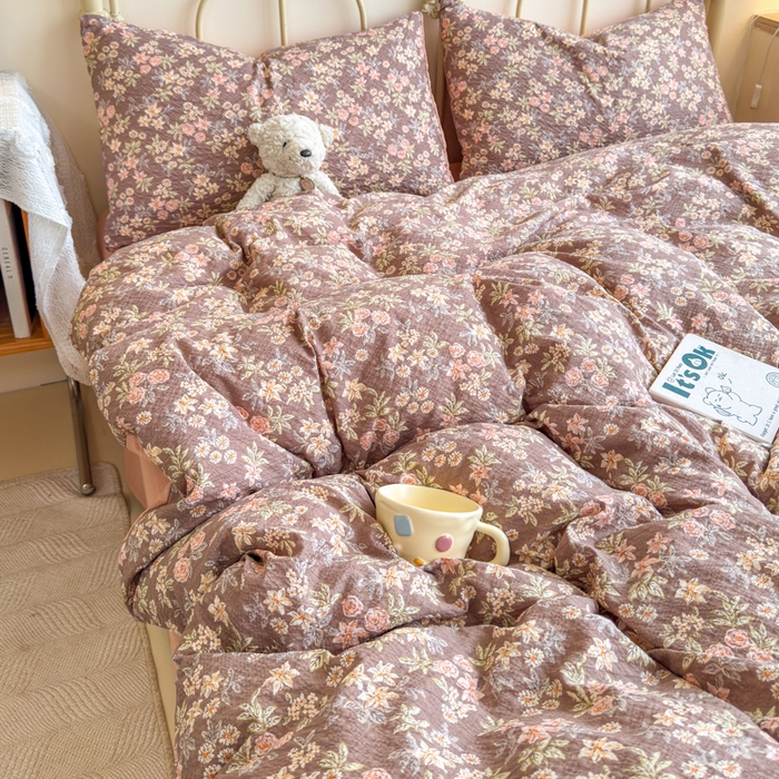 91家纺网 家纺一手货源 找家纺 梦舒阳家纺 新款泡芙棉双层纱四件套皱皱纱四季款泡芙纱四件套现货充足 桔园