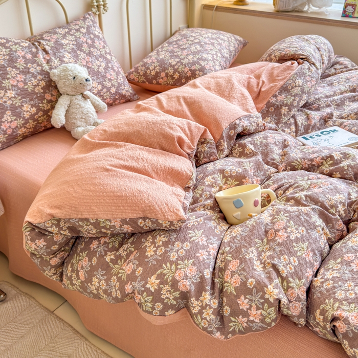 91家纺网 家纺一手货源 找家纺 梦舒阳家纺 新款泡芙棉双层纱四件套皱皱纱四季款泡芙纱四件套现货充足 桔园