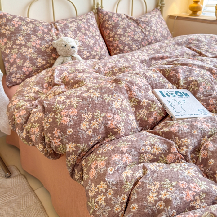 91家纺网 家纺一手货源 找家纺 梦舒阳家纺 新款泡芙棉双层纱四件套皱皱纱四季款泡芙纱四件套现货充足 桔园