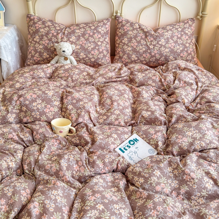 91家纺网 家纺一手货源 找家纺 梦舒阳家纺 新款泡芙棉双层纱四件套皱皱纱四季款泡芙纱四件套现货充足 桔园