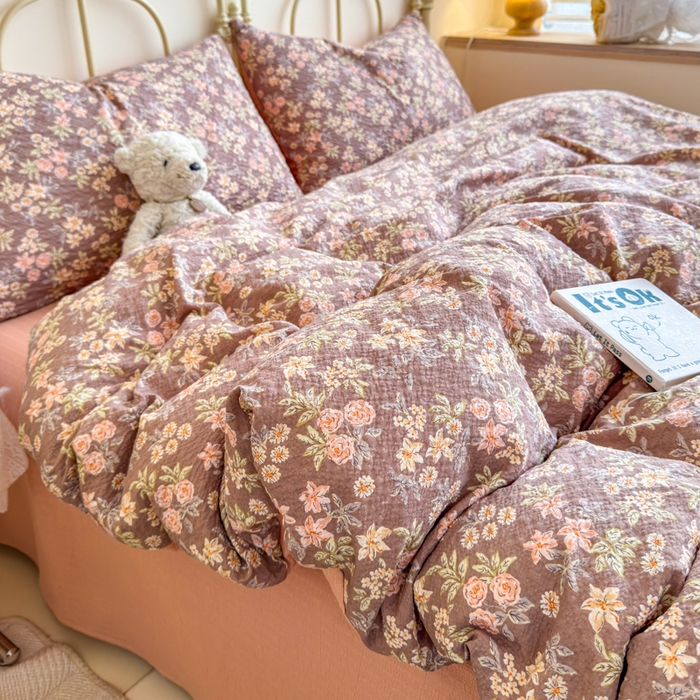 91家纺网 家纺一手货源 找家纺 梦舒阳家纺 新款泡芙棉双层纱四件套皱皱纱四季款泡芙纱四件套现货充足 桔园