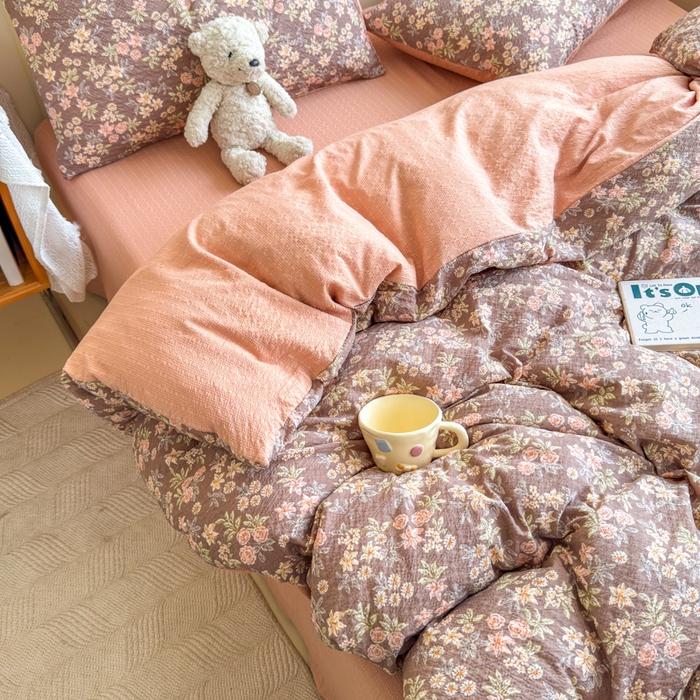 91家纺网 家纺一手货源 找家纺 梦舒阳家纺 新款泡芙棉双层纱四件套皱皱纱四季款泡芙纱四件套现货充足 桔园