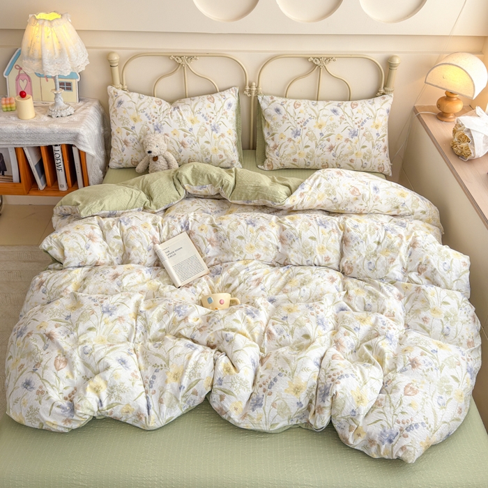 91家纺网 家纺一手货源 找家纺 梦舒阳家纺 新款泡芙棉双层纱四件套皱皱纱四季款泡芙纱四件套现货充足 绿意