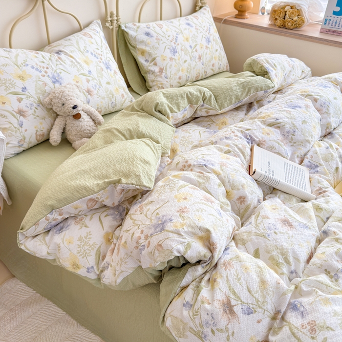 91家纺网 家纺一手货源 找家纺 梦舒阳家纺 新款泡芙棉双层纱四件套皱皱纱四季款泡芙纱四件套现货充足 绿意