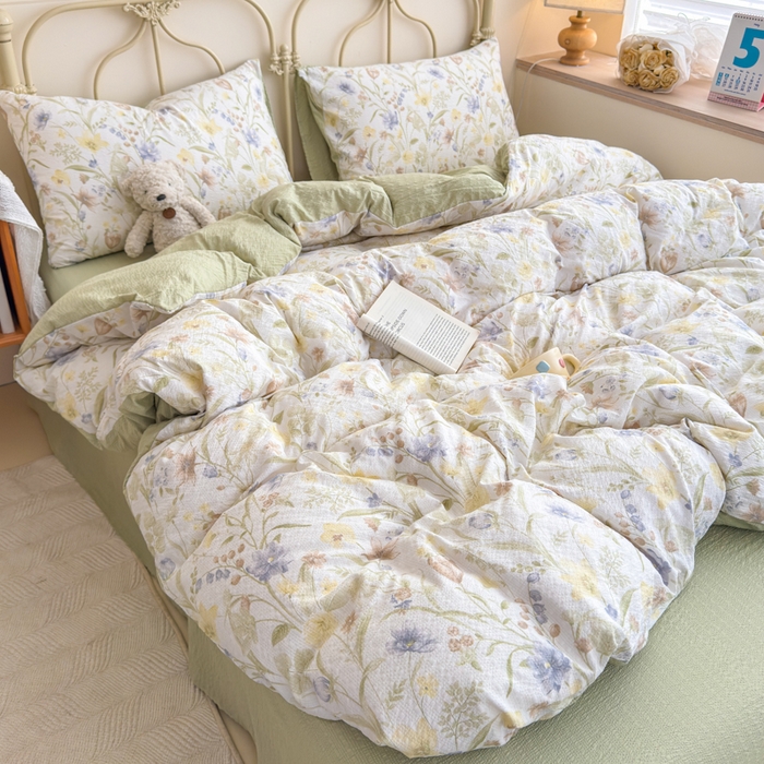 91家纺网 家纺一手货源 找家纺 梦舒阳家纺 新款泡芙棉双层纱四件套皱皱纱四季款泡芙纱四件套现货充足 绿意