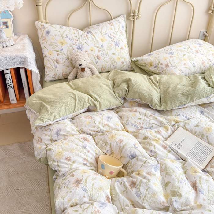 91家纺网 家纺一手货源 找家纺 梦舒阳家纺 新款泡芙棉双层纱四件套皱皱纱四季款泡芙纱四件套现货充足 绿意