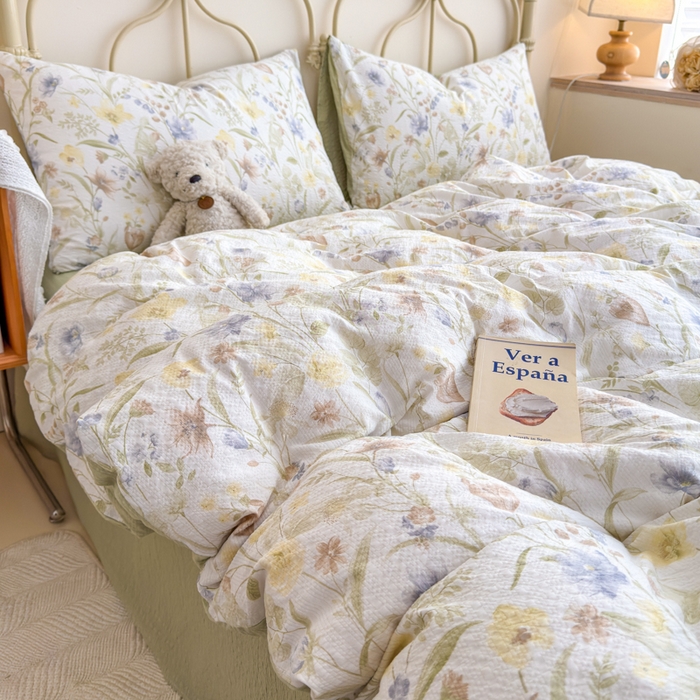 91家纺网 家纺一手货源 找家纺 梦舒阳家纺 新款泡芙棉双层纱四件套皱皱纱四季款泡芙纱四件套现货充足 绿意