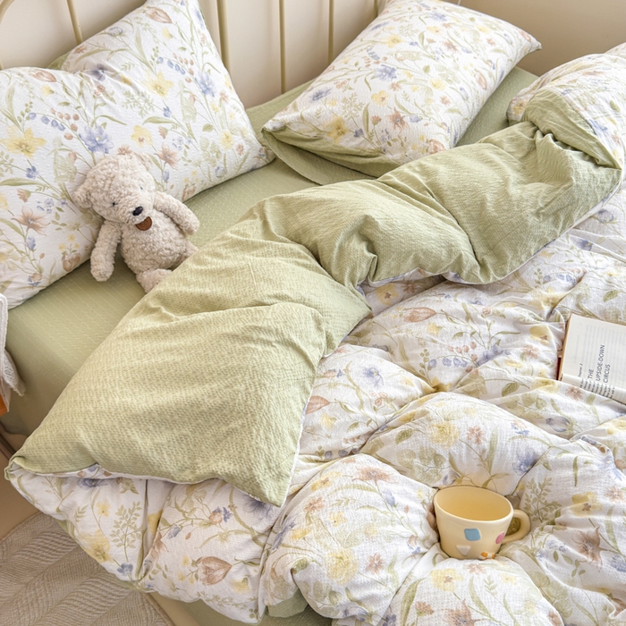 91家纺网 家纺一手货源 找家纺 梦舒阳家纺 新款泡芙棉双层纱四件套皱皱纱四季款泡芙纱四件套现货充足 绿意