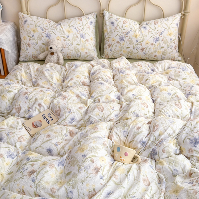 91家纺网 家纺一手货源 找家纺 梦舒阳家纺 新款泡芙棉双层纱四件套皱皱纱四季款泡芙纱四件套现货充足 绿意