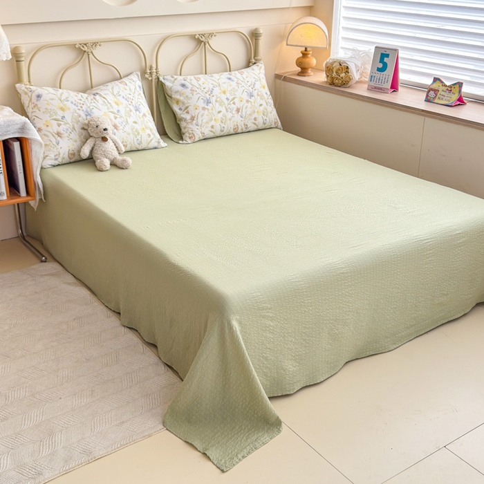 91家纺网 家纺一手货源 找家纺 梦舒阳家纺 新款泡芙棉双层纱四件套皱皱纱四季款泡芙纱四件套现货充足 绿意