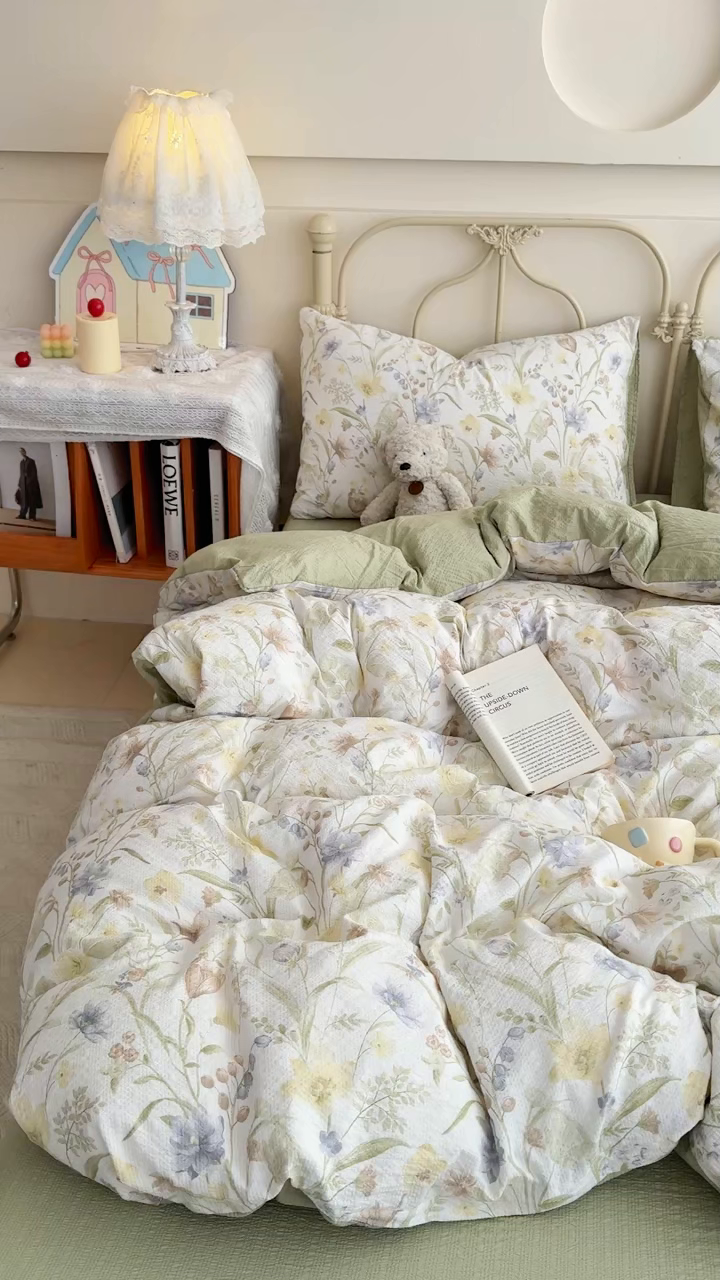 91家纺网 家纺一手货源 找家纺 梦舒阳家纺 新款泡芙棉双层纱四件套皱皱纱四季款泡芙纱四件套现货充足 绿意