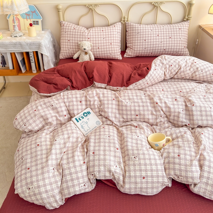 91家纺网 家纺一手货源 找家纺 梦舒阳家纺 新款泡芙棉双层纱四件套皱皱纱四季款泡芙纱四件套现货充足 苹果狗