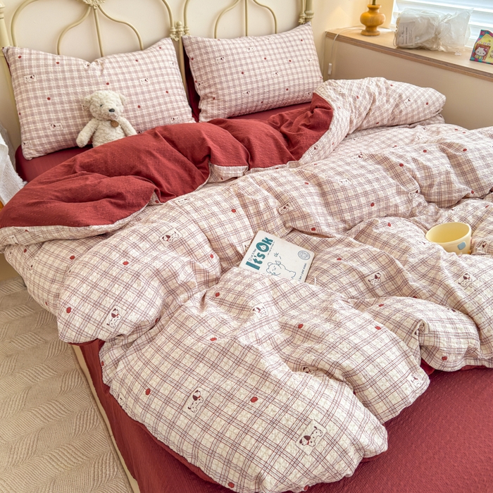 91家纺网 家纺一手货源 找家纺 梦舒阳家纺 新款泡芙棉双层纱四件套皱皱纱四季款泡芙纱四件套现货充足 苹果狗