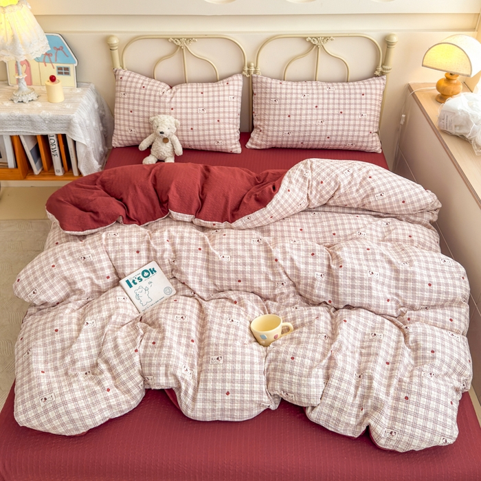 91家纺网 家纺一手货源 找家纺 梦舒阳家纺 新款泡芙棉双层纱四件套皱皱纱四季款泡芙纱四件套现货充足 苹果狗