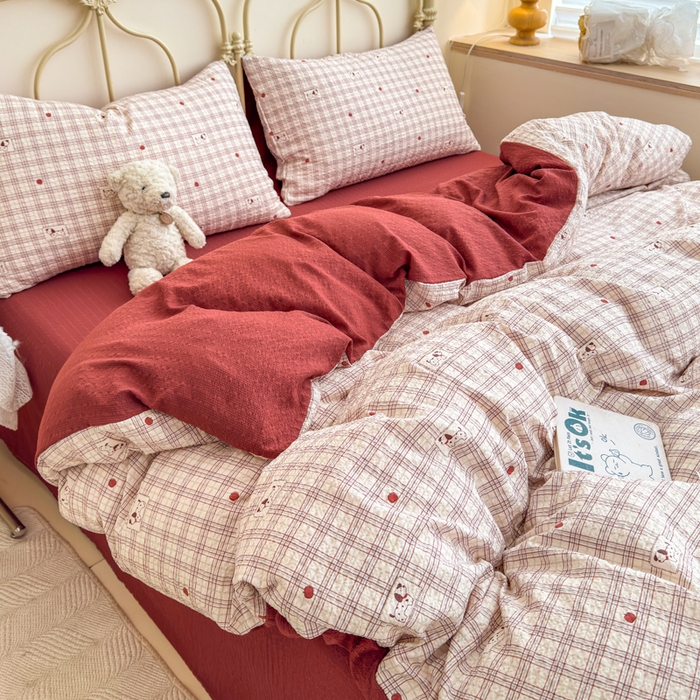 91家纺网 家纺一手货源 找家纺 梦舒阳家纺 新款泡芙棉双层纱四件套皱皱纱四季款泡芙纱四件套现货充足 苹果狗