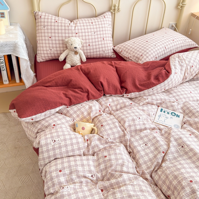 91家纺网 家纺一手货源 找家纺 梦舒阳家纺 新款泡芙棉双层纱四件套皱皱纱四季款泡芙纱四件套现货充足 苹果狗