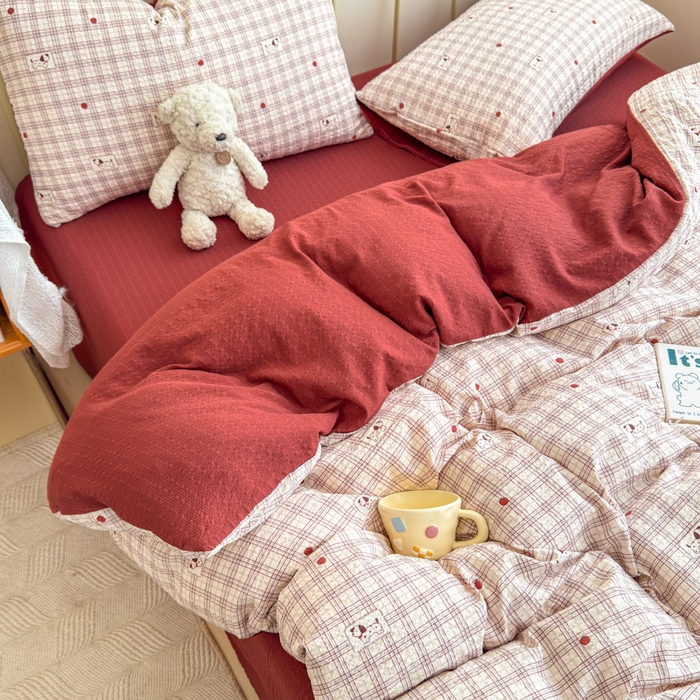 91家纺网 家纺一手货源 找家纺 梦舒阳家纺 新款泡芙棉双层纱四件套皱皱纱四季款泡芙纱四件套现货充足 苹果狗